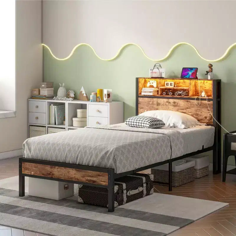 Bellemave Twin Metal Bed Frame with Storage Headboard, RGB LED Lights, Charging Station, Bookcase Storage, No Box Spring