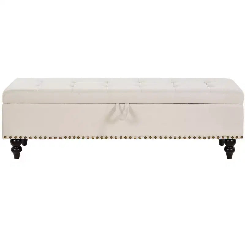 TUYOHW 59IN Storage Ottoman with Tufted Surface and Nail Trims Decoration, Foot Stools Ottoman with Storage, End Of Bed Bench for Bedroom, Beige