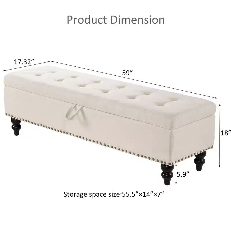 TUYOHW 59IN Storage Ottoman with Tufted Surface and Nail Trims Decoration, Foot Stools Ottoman with Storage, End Of Bed Bench for Bedroom, Beige