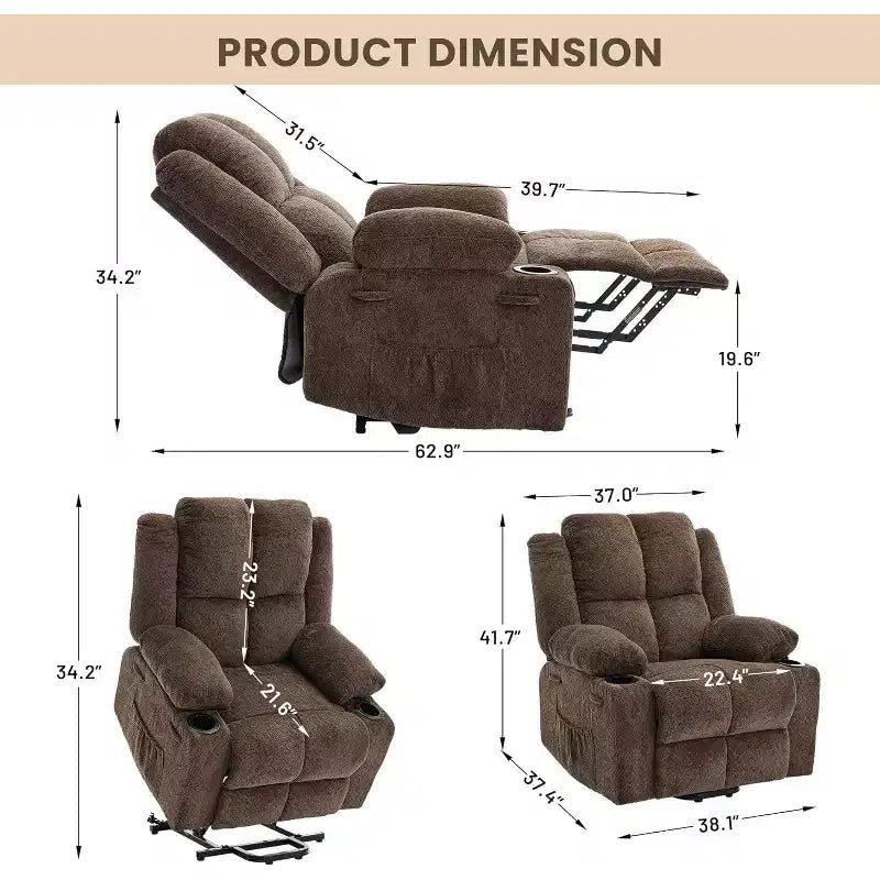 Recliner with Massage Oversized Lift Assist Chair, 155 Lay-Flat Recline, 2 Cup Holders, Linen Fabric for Elderly & Living Room Comfort