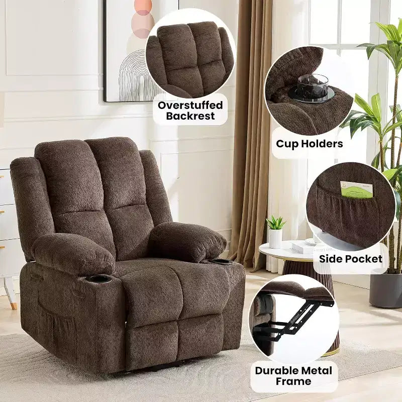 Recliner with Massage Oversized Lift Assist Chair, 155 Lay-Flat Recline, 2 Cup Holders, Linen Fabric for Elderly & Living Room Comfort