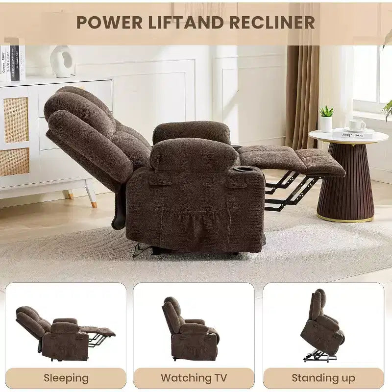 Recliner with Massage Oversized Lift Assist Chair, 155 Lay-Flat Recline, 2 Cup Holders, Linen Fabric for Elderly & Living Room Comfort
