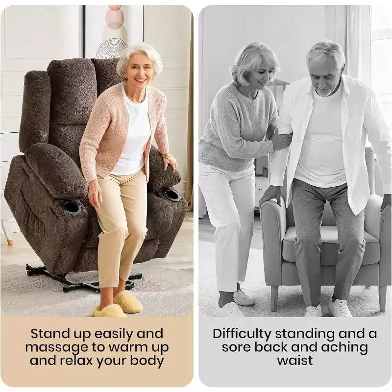 Recliner with Massage Oversized Lift Assist Chair, 155 Lay-Flat Recline, 2 Cup Holders, Linen Fabric for Elderly & Living Room Comfort