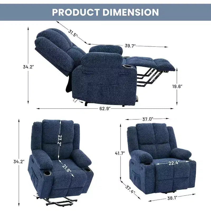 Recliner with Massage Oversized Lift Assist Chair, 155 Lay-Flat Recline, 2 Cup Holders, Linen Fabric for Elderly & Living Room Comfort