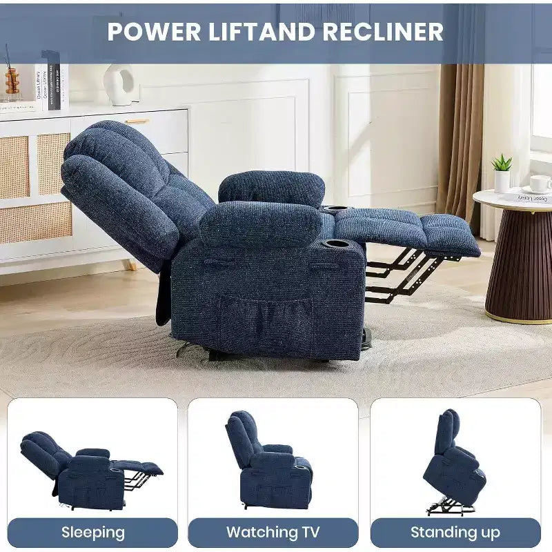 Recliner with Massage Oversized Lift Assist Chair, 155 Lay-Flat Recline, 2 Cup Holders, Linen Fabric for Elderly & Living Room Comfort