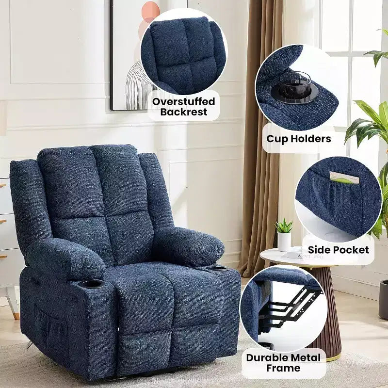 Recliner with Massage Oversized Lift Assist Chair, 155 Lay-Flat Recline, 2 Cup Holders, Linen Fabric for Elderly & Living Room Comfort