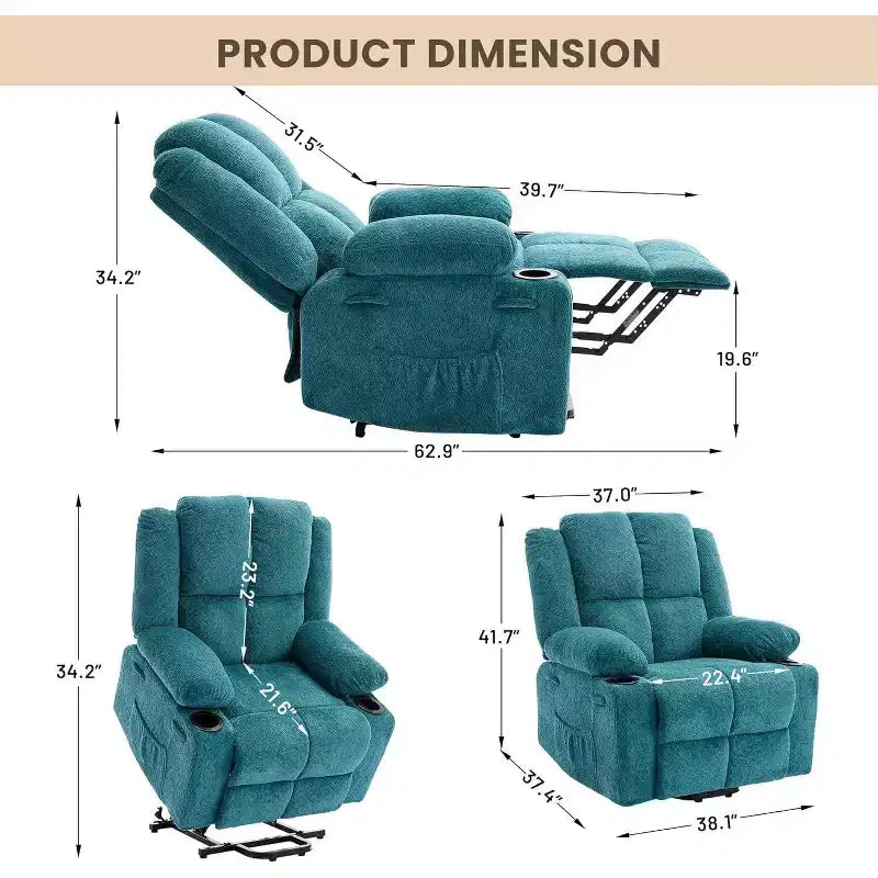 Recliner with Massage Oversized Lift Assist Chair, 155 Lay-Flat Recline, 2 Cup Holders, Linen Fabric for Elderly & Living Room Comfort