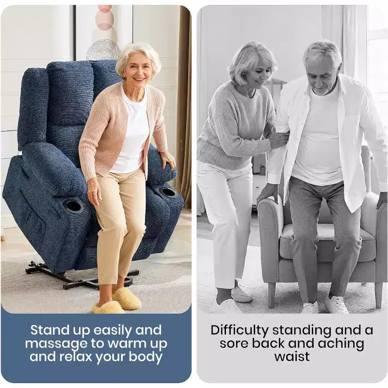 Recliner with Massage Oversized Lift Assist Chair, 155 Lay-Flat Recline, 2 Cup Holders, Linen Fabric for Elderly & Living Room Comfort