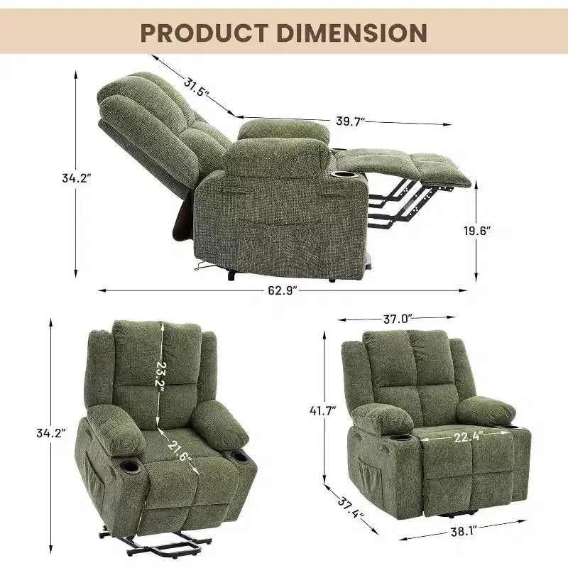 Recliner with Massage Oversized Lift Assist Chair, 155 Lay-Flat Recline, 2 Cup Holders, Linen Fabric for Elderly & Living Room Comfort