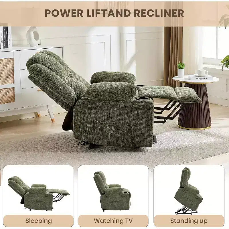 Recliner with Massage Oversized Lift Assist Chair, 155 Lay-Flat Recline, 2 Cup Holders, Linen Fabric for Elderly & Living Room Comfort