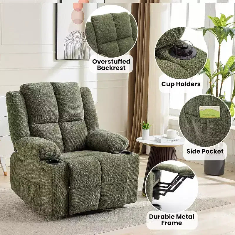 Recliner with Massage Oversized Lift Assist Chair, 155 Lay-Flat Recline, 2 Cup Holders, Linen Fabric for Elderly & Living Room Comfort