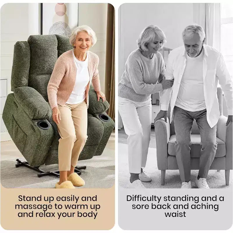 Recliner with Massage Oversized Lift Assist Chair, 155 Lay-Flat Recline, 2 Cup Holders, Linen Fabric for Elderly & Living Room Comfort