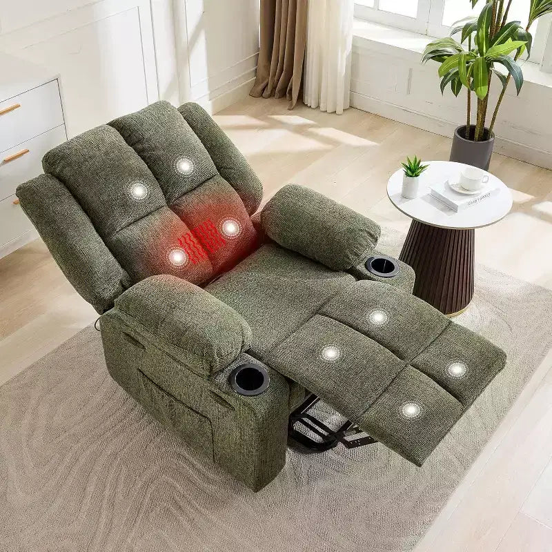 Recliner with Massage Oversized Lift Assist Chair, 155 Lay-Flat Recline, 2 Cup Holders, Linen Fabric for Elderly & Living Room Comfort