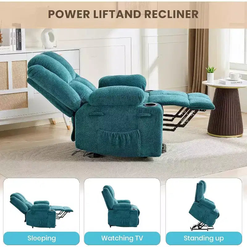 Recliner with Massage Oversized Lift Assist Chair, 155 Lay-Flat Recline, 2 Cup Holders, Linen Fabric for Elderly & Living Room Comfort