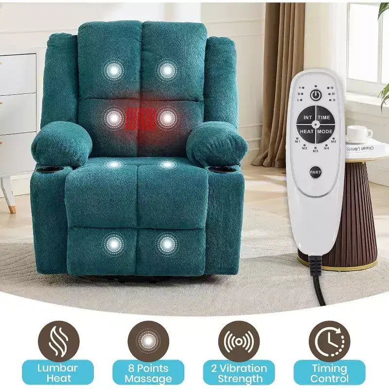 Recliner with Massage Oversized Lift Assist Chair, 155 Lay-Flat Recline, 2 Cup Holders, Linen Fabric for Elderly & Living Room Comfort