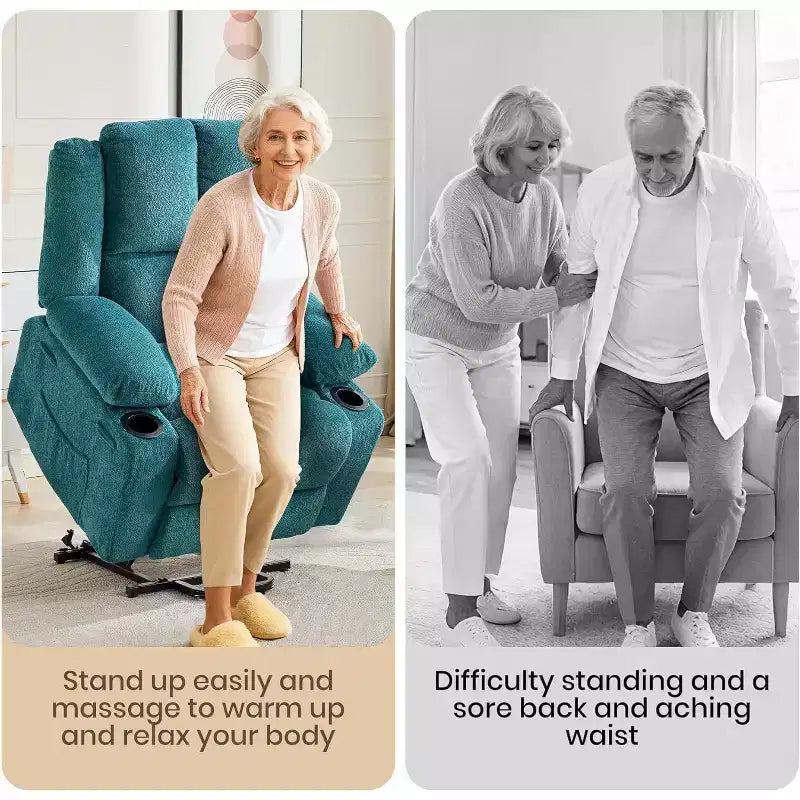 Recliner with Massage Oversized Lift Assist Chair, 155 Lay-Flat Recline, 2 Cup Holders, Linen Fabric for Elderly & Living Room Comfort