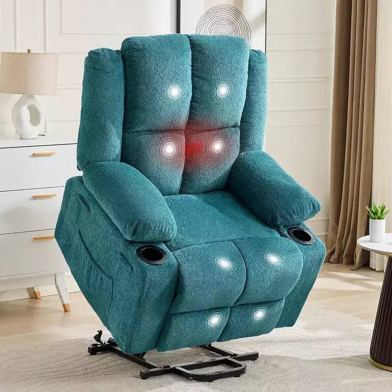 Recliner with Massage Oversized Lift Assist Chair, 155 Lay-Flat Recline, 2 Cup Holders, Linen Fabric for Elderly & Living Room Comfort