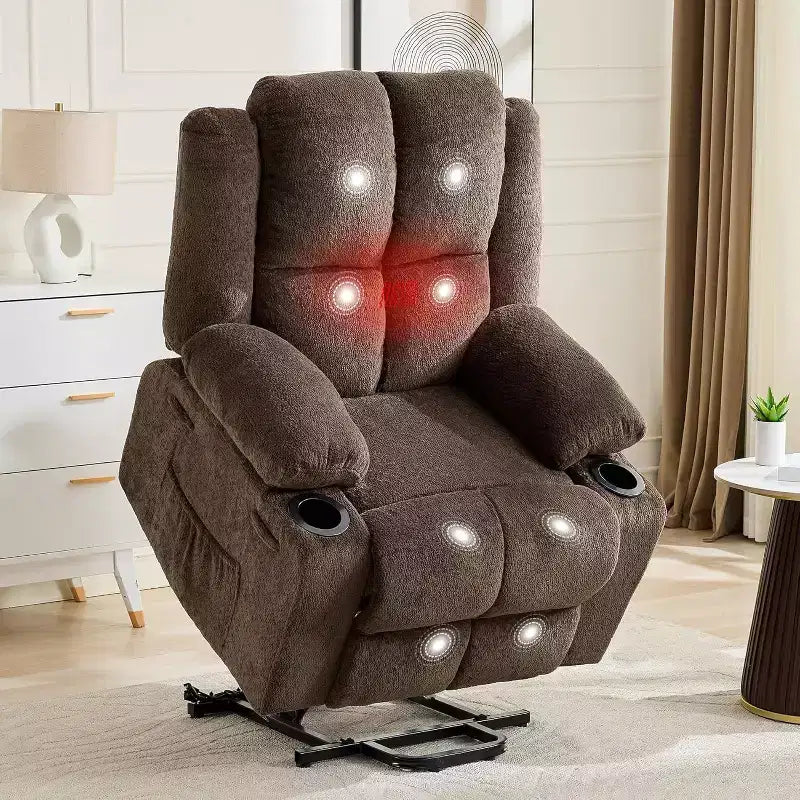 Recliner with Massage Oversized Lift Assist Chair, 155 Lay-Flat Recline, 2 Cup Holders, Linen Fabric for Elderly & Living Room Comfort