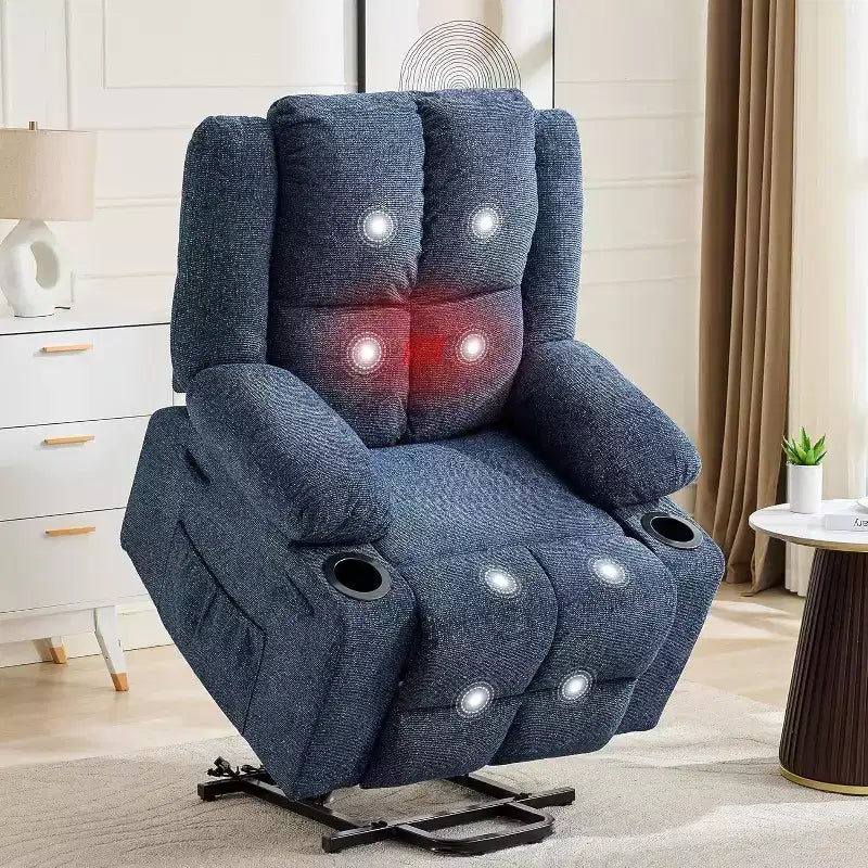 Recliner with Massage Oversized Lift Assist Chair, 155 Lay-Flat Recline, 2 Cup Holders, Linen Fabric for Elderly & Living Room Comfort