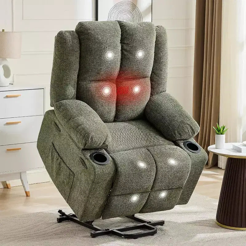 Recliner with Massage Oversized Lift Assist Chair, 155 Lay-Flat Recline, 2 Cup Holders, Linen Fabric for Elderly & Living Room Comfort