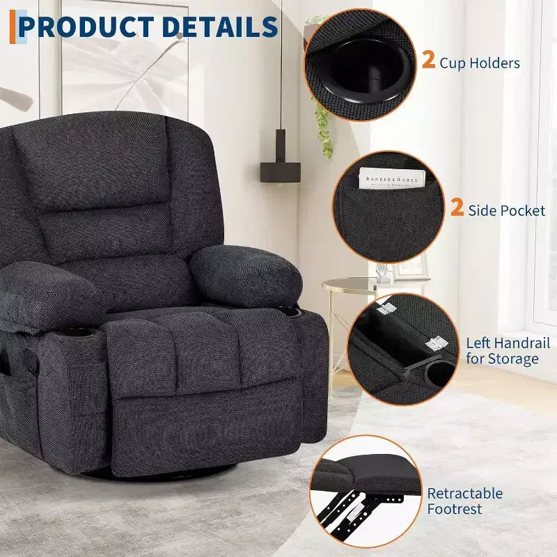 Recliner Chair for Adults with Massage & Heating, 360 Swivel Glider, Extra Wide Manual Recliner, Chenille Fabric Sofa Chair for Living Room