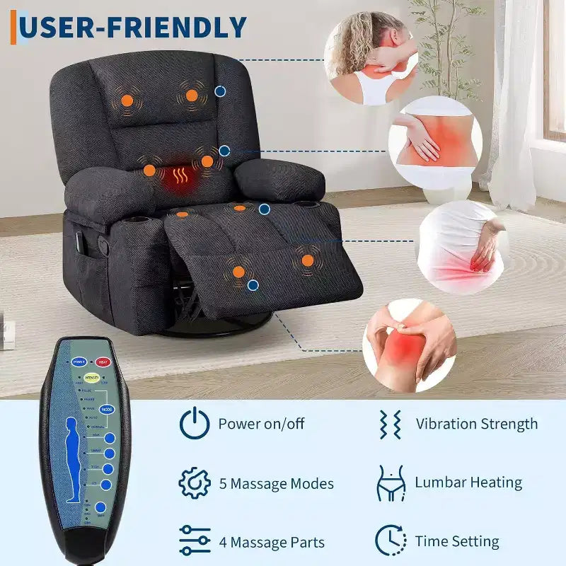 Recliner Chair for Adults with Massage & Heating, 360 Swivel Glider, Extra Wide Manual Recliner, Chenille Fabric Sofa Chair for Living Room