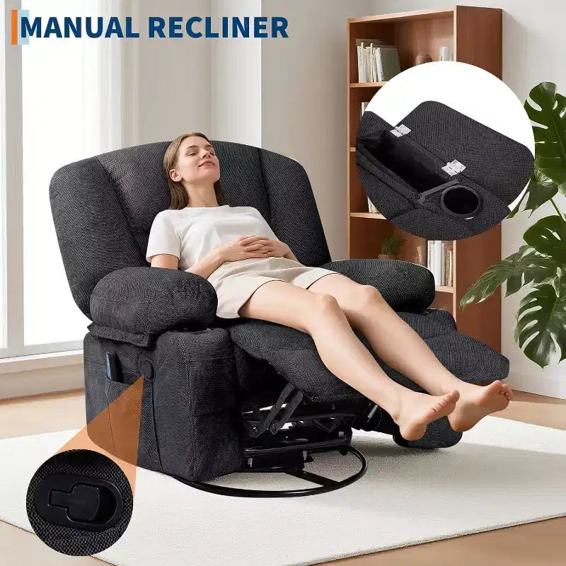 Recliner Chair for Adults with Massage & Heating, 360 Swivel Glider, Extra Wide Manual Recliner, Chenille Fabric Sofa Chair for Living Room