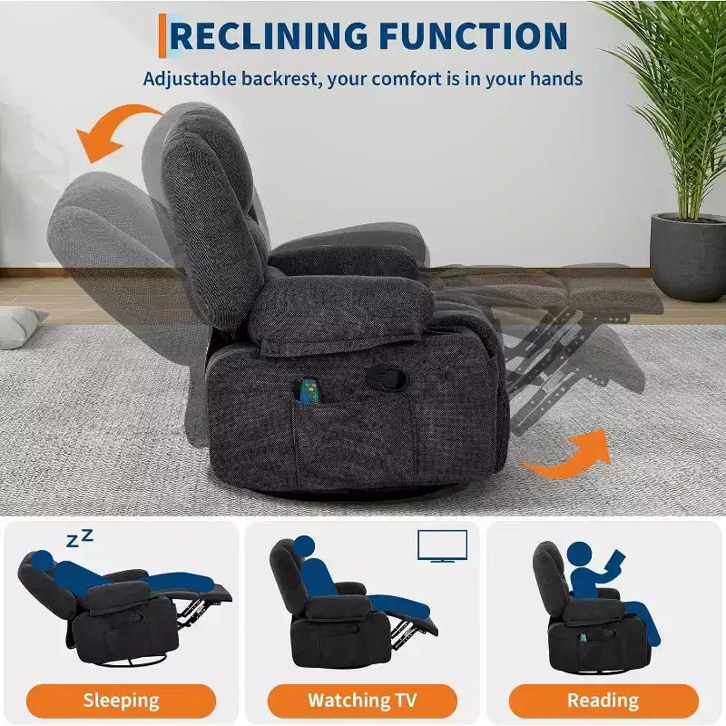 Recliner Chair for Adults with Massage & Heating, 360 Swivel Glider, Extra Wide Manual Recliner, Chenille Fabric Sofa Chair for Living Room
