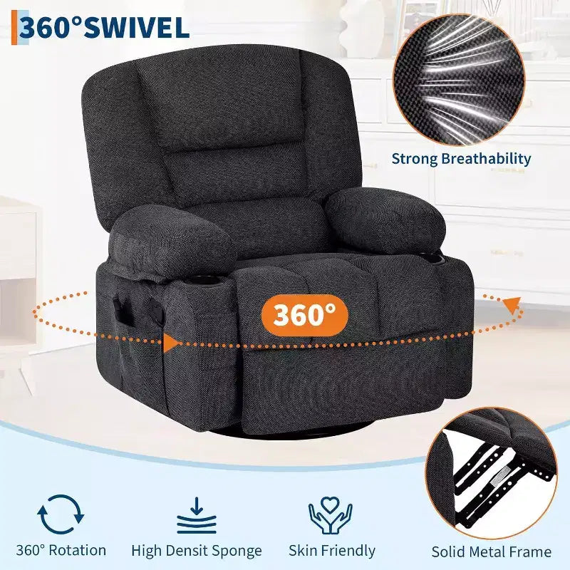 Recliner Chair for Adults with Massage & Heating, 360 Swivel Glider, Extra Wide Manual Recliner, Chenille Fabric Sofa Chair for Living Room