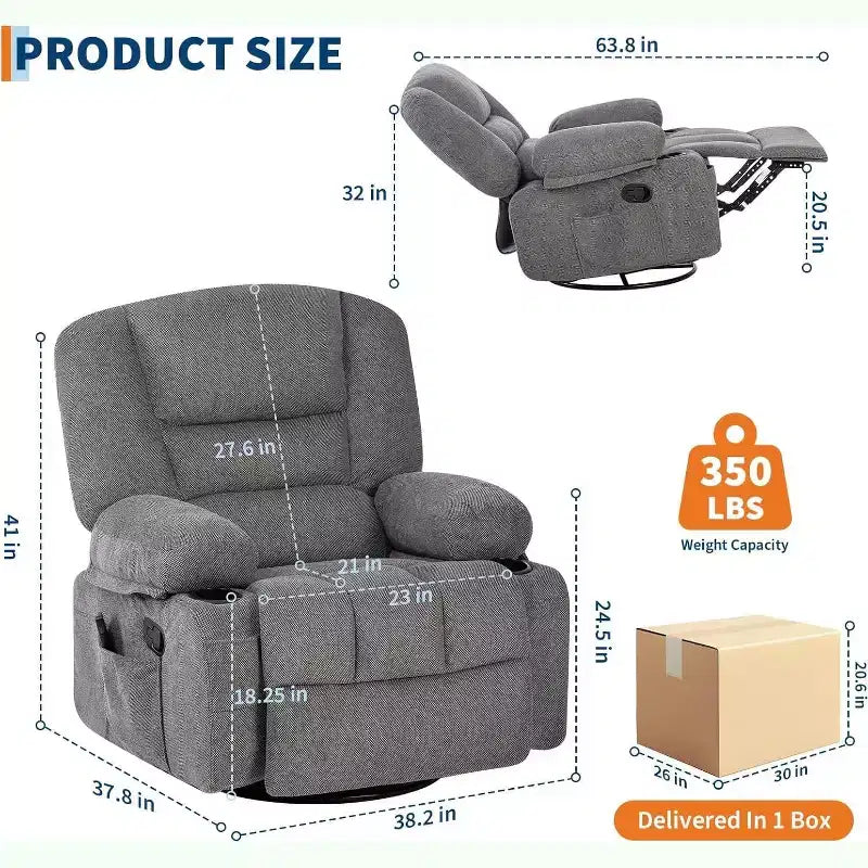 Recliner Chair for Adults with Massage & Heating, 360 Swivel Glider, Extra Wide Manual Recliner, Chenille Fabric Sofa Chair for Living Room