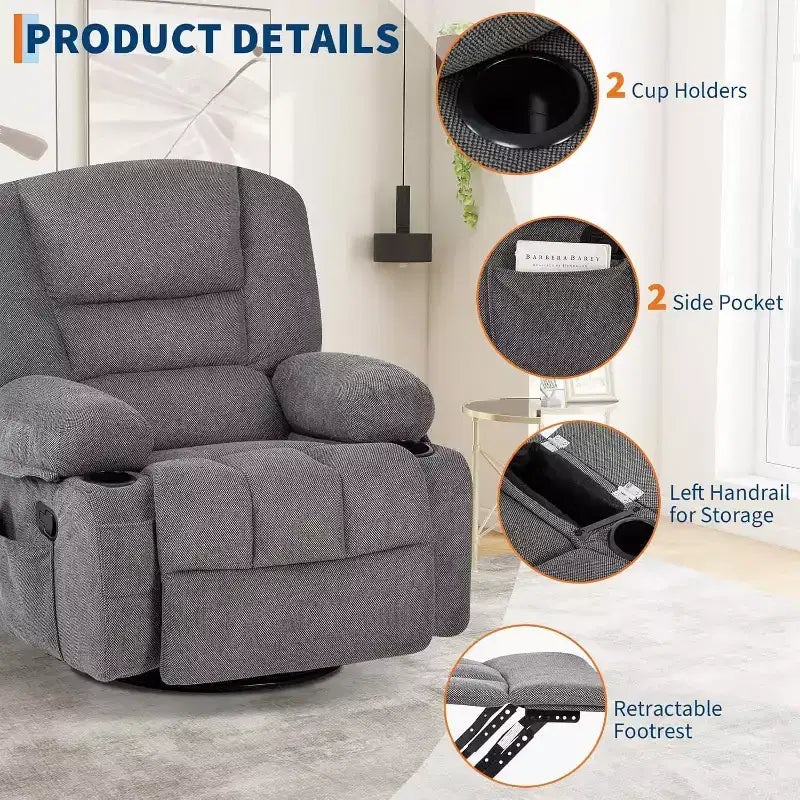 Recliner Chair for Adults with Massage & Heating, 360 Swivel Glider, Extra Wide Manual Recliner, Chenille Fabric Sofa Chair for Living Room