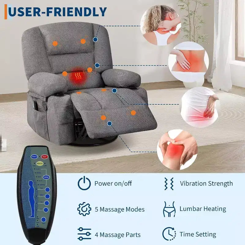 Recliner Chair for Adults with Massage & Heating, 360 Swivel Glider, Extra Wide Manual Recliner, Chenille Fabric Sofa Chair for Living Room