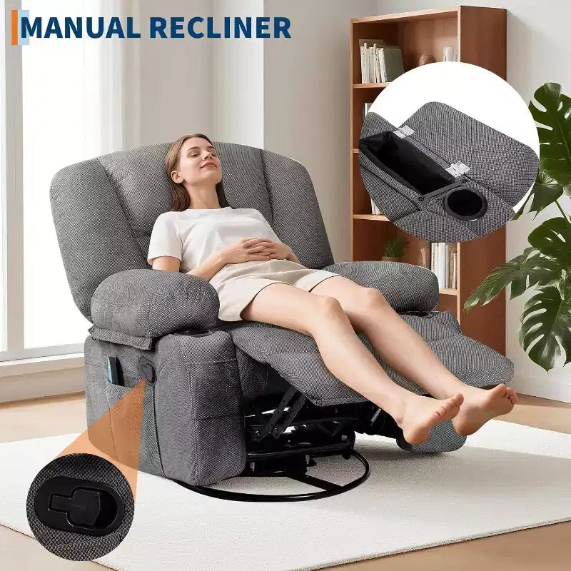 Recliner Chair for Adults with Massage & Heating, 360 Swivel Glider, Extra Wide Manual Recliner, Chenille Fabric Sofa Chair for Living Room