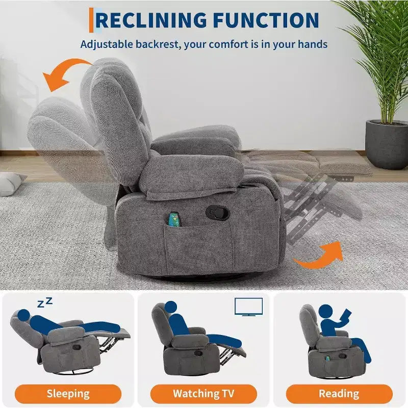 Recliner Chair for Adults with Massage & Heating, 360 Swivel Glider, Extra Wide Manual Recliner, Chenille Fabric Sofa Chair for Living Room