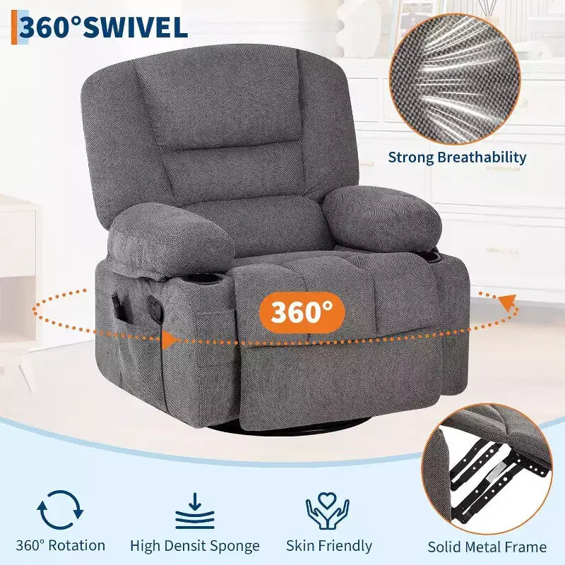 Recliner Chair for Adults with Massage & Heating, 360 Swivel Glider, Extra Wide Manual Recliner, Chenille Fabric Sofa Chair for Living Room