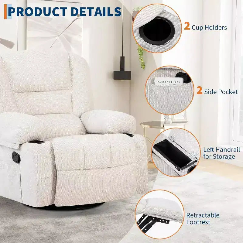 Recliner Chair for Adults with Massage & Heating, 360 Swivel Glider, Extra Wide Manual Recliner, Chenille Fabric Sofa Chair for Living Room
