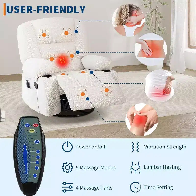 Recliner Chair for Adults with Massage & Heating, 360 Swivel Glider, Extra Wide Manual Recliner, Chenille Fabric Sofa Chair for Living Room