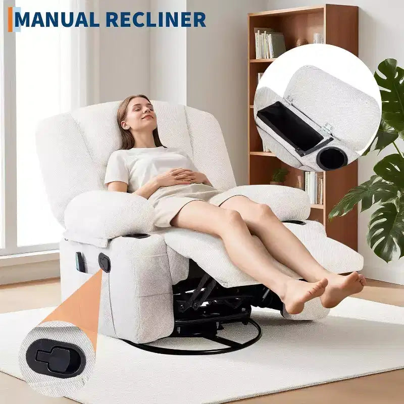 Recliner Chair for Adults with Massage & Heating, 360 Swivel Glider, Extra Wide Manual Recliner, Chenille Fabric Sofa Chair for Living Room