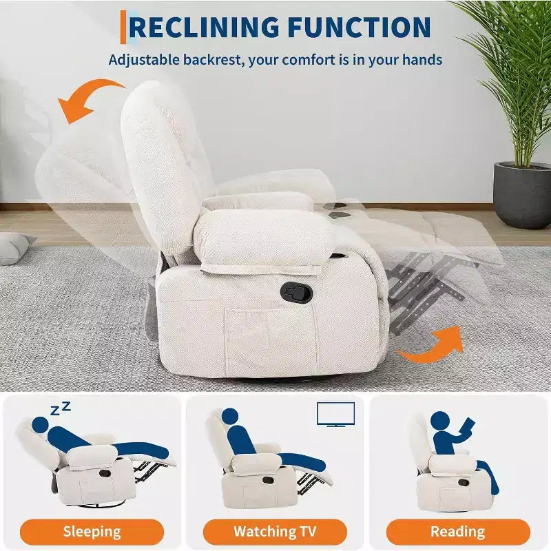 Recliner Chair for Adults with Massage & Heating, 360 Swivel Glider, Extra Wide Manual Recliner, Chenille Fabric Sofa Chair for Living Room
