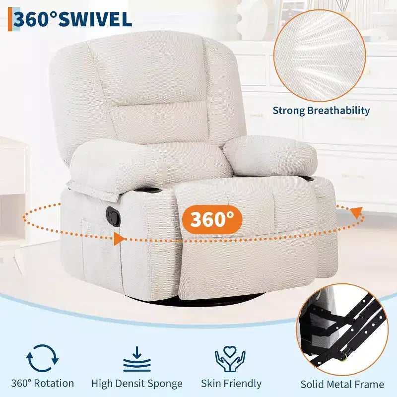 Recliner Chair for Adults with Massage & Heating, 360 Swivel Glider, Extra Wide Manual Recliner, Chenille Fabric Sofa Chair for Living Room