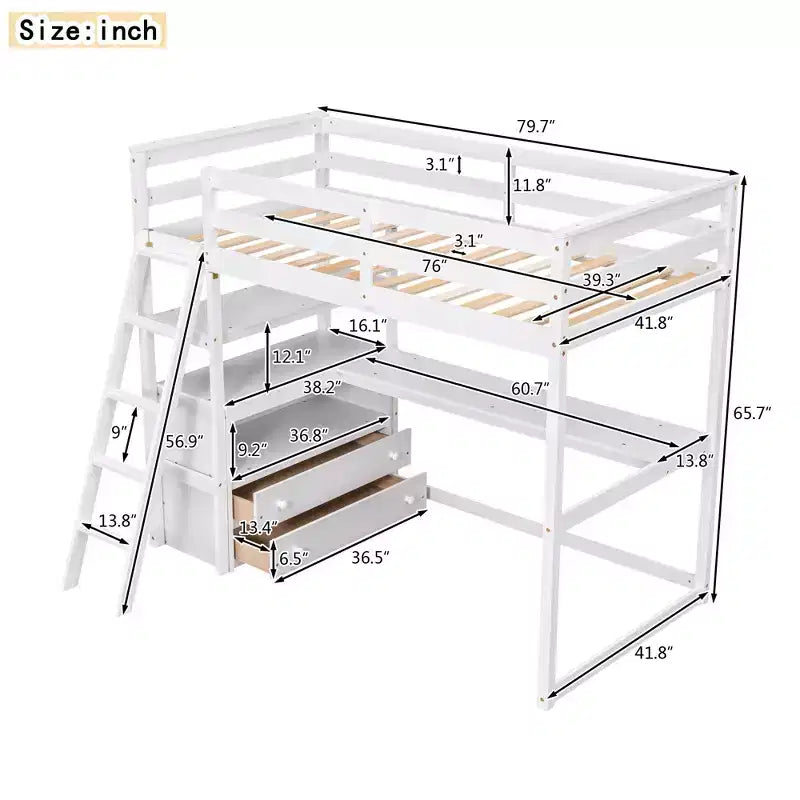 GDFStudio Garcia Wood Loft Bed with Desk and Shelves, Two Built-in Drawers