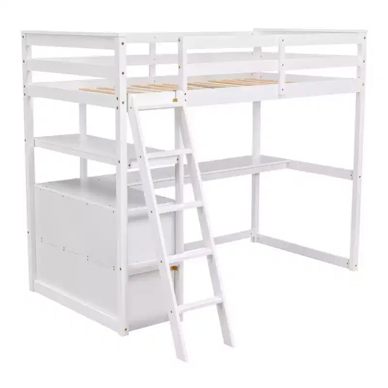 GDFStudio Garcia Wood Loft Bed with Desk and Shelves, Two Built-in Drawers
