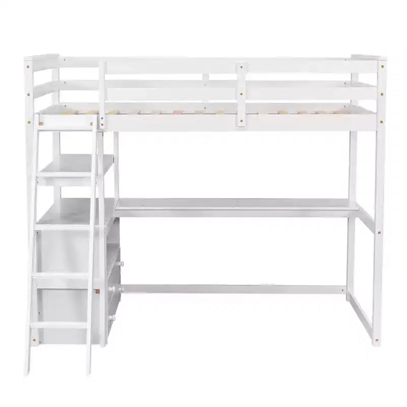 GDFStudio Garcia Wood Loft Bed with Desk and Shelves, Two Built-in Drawers