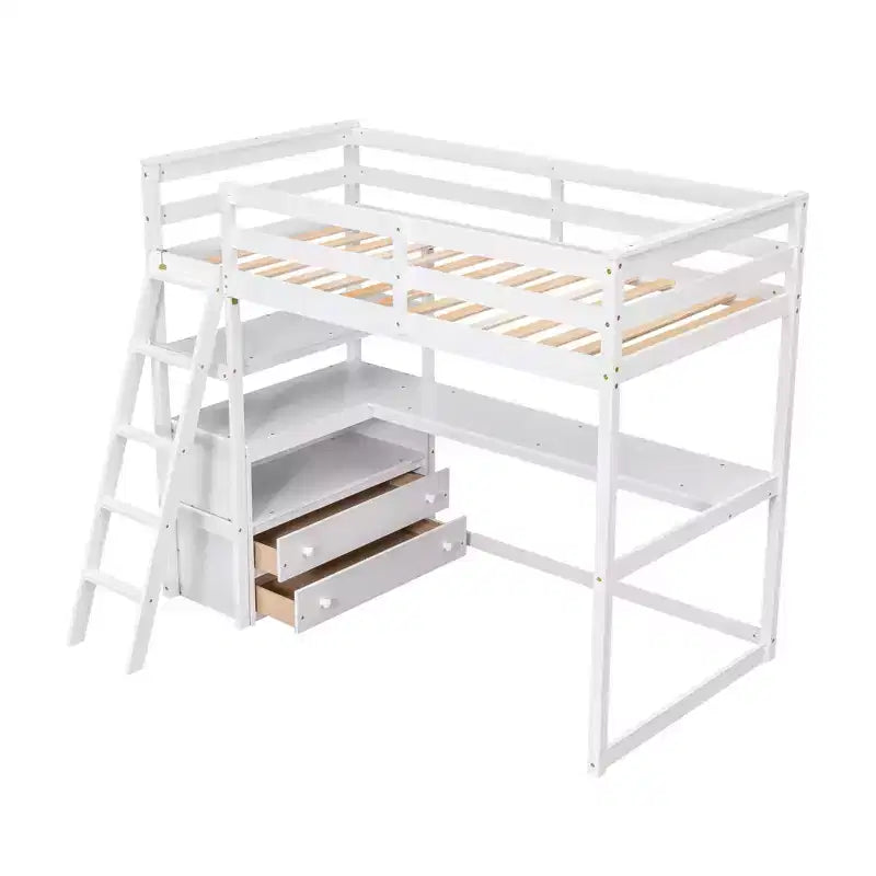 GDFStudio Garcia Wood Loft Bed with Desk and Shelves, Two Built-in Drawers