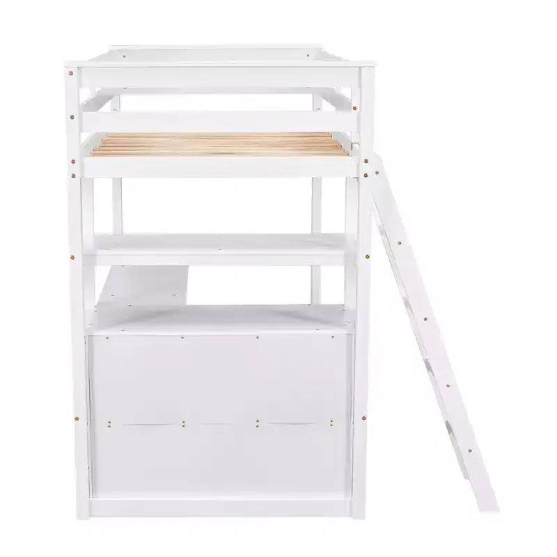 GDFStudio Garcia Wood Loft Bed with Desk and Shelves, Two Built-in Drawers