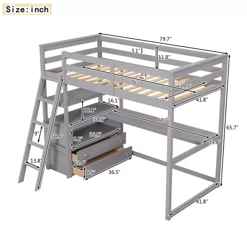 GDFStudio Garcia Wood Loft Bed with Desk and Shelves, Two Built-in Drawers