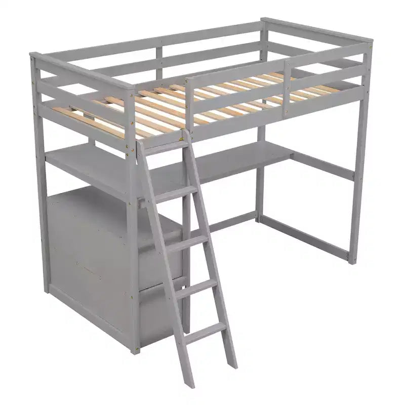 GDFStudio Garcia Wood Loft Bed with Desk and Shelves, Two Built-in Drawers