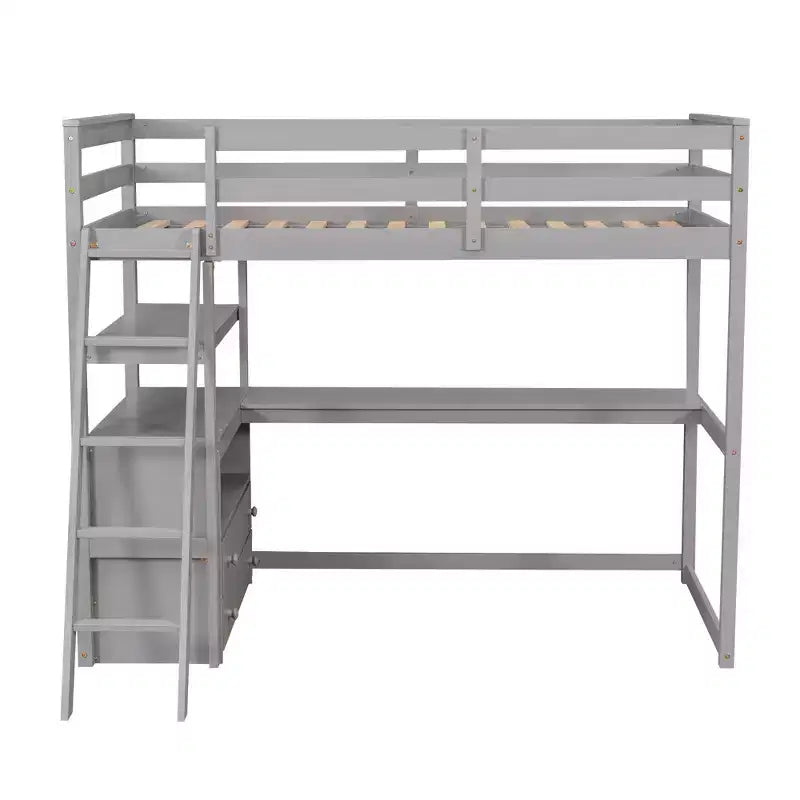 GDFStudio Garcia Wood Loft Bed with Desk and Shelves, Two Built-in Drawers