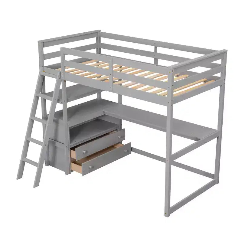 GDFStudio Garcia Wood Loft Bed with Desk and Shelves, Two Built-in Drawers