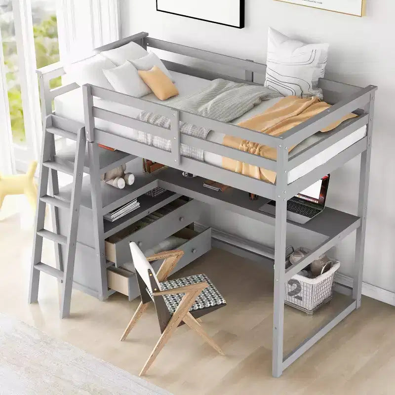 GDFStudio Garcia Wood Loft Bed with Desk and Shelves, Two Built-in Drawers